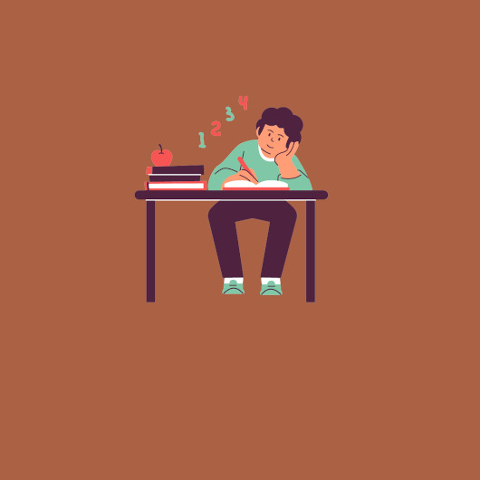 Karikarur von jungem Mensch am Schreibtisch mit Büchern uns Apfel beim Lernen