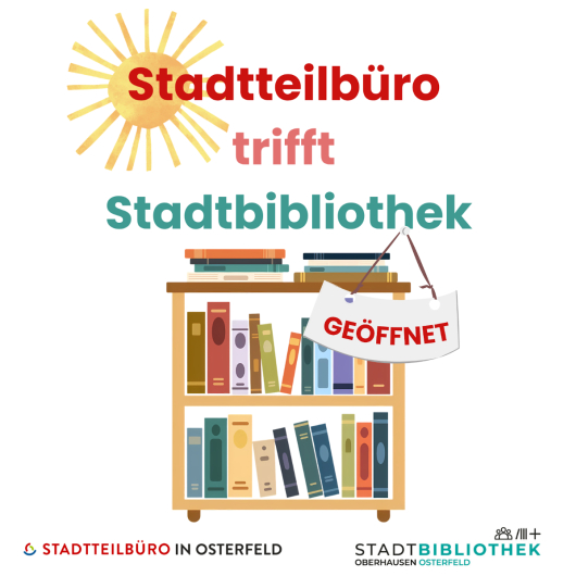 Bücherrollwagen als Grafik sowie dem Schriftzug Stadtteilbüro trifft Stadbibliothek