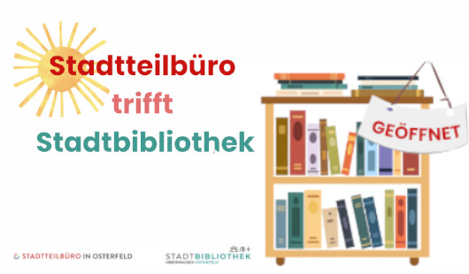 Bücherrollwagen und Schriftzug Stadtteilbüro trifft Stadtbibliothel (Grafik: Stadtbibliothek Oberhausen)