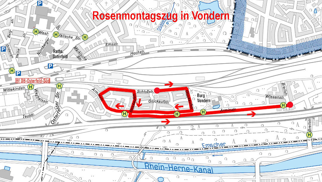 Strecke des Rosenmontagszug in Vondern
