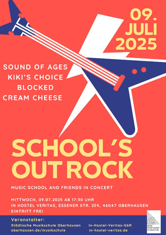 Plakat zum Konzertabend "School`s Out Rock" der Musikschule der Stadt Oberhausen