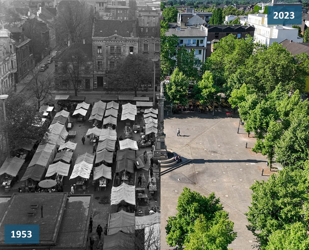 Fotocollage vom Alt-Markt in Alt-Oberhausen: Altes Foto von 1953 (links) mit Marktständen und aktuelles Foto von 2023 ohne Marktstände.