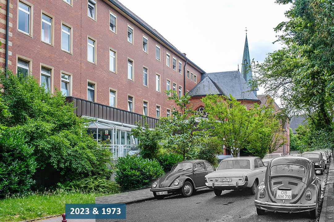 Collage aus einem Foto des Marienhospitals von 1973 und einem Foto aus dem Jahr 1973