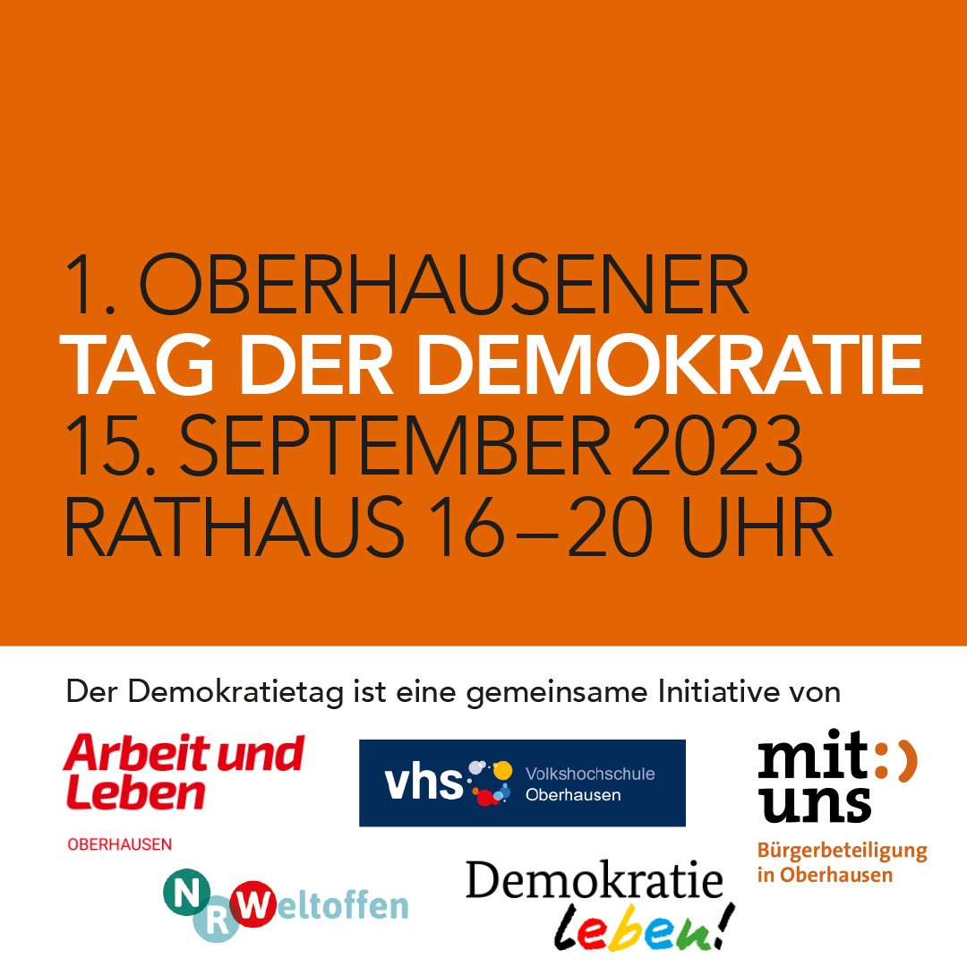 Das Foto zeigt ein Banner zum 1. Oberhausener Tag der Demokratie 