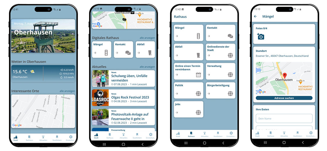 Collage von Screenshots aus der App. Von links nach rechts: Startbildschirm, Ansicht des Startbildschirms mit News, Rathausmenü, Detailansicht des Mängelmelders
