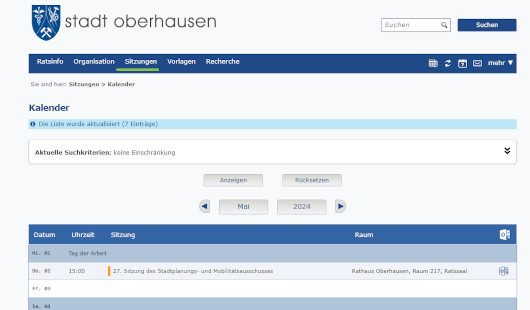 Screenshot der Oberfläche des neuen Ratsinformationssystems