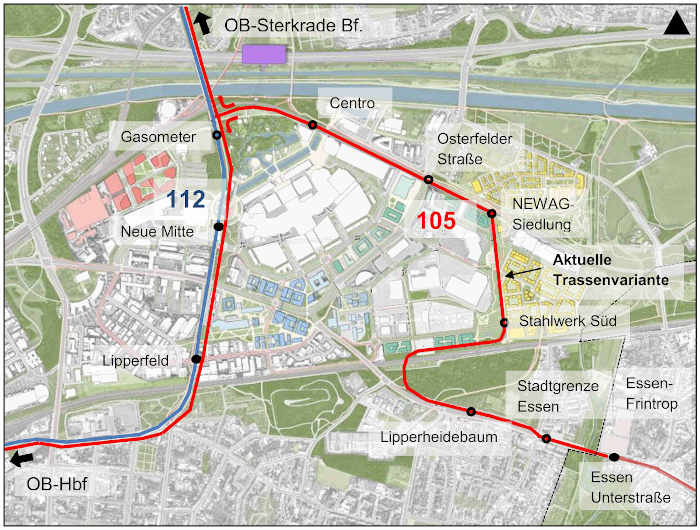 Übersichtskarte des aktuell geplanten Trassenverlaufs der Straßenbahnverlängerung 105
