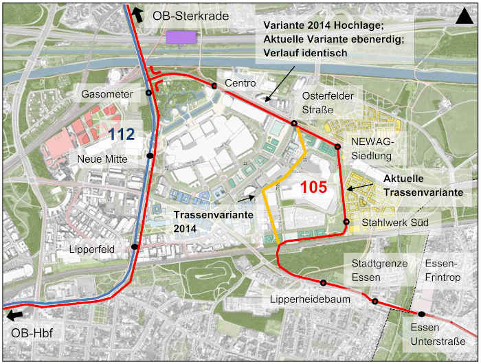 Übersichtskarte zum Trassenvergleich mit der Variante 2014 sowie der aktuellen Planung 