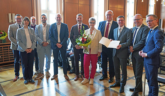 von links nach rechts: Sebastian Tietz, kdvz; Dr. Hanna Sommer, Deutscher Städtetag; Philip Gyamfi-Poku, Hendrik Wächter, Boris van Benthem, Stadt Oberhausen; Kerstin Pliquett, KDN; Thomas Hunsteger-Petermann, Ministerium für Heimat, Kommunales, Bau und D