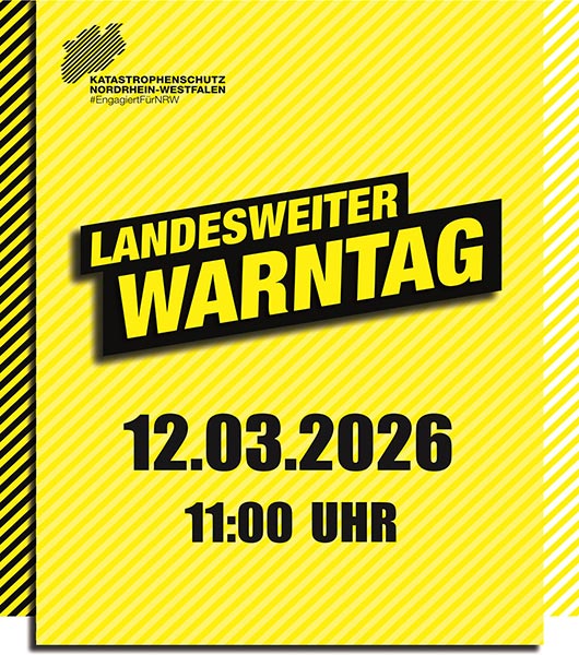 Grafik zeigt den Schriftzug "landesweiter Warntag. 12.03.2026. 11:00 Uhr auf gelb-weiß diagonal gestreiftem Hintergrund sowie oben links das Logo des Kartastrophenschutzes NRW #EngagiertFürNRW