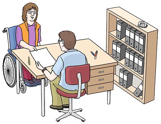 Antragsstellung, Grafik: Lebenshilfe für Menschen mit geistiger Behinderung Bremen e.V. Illustrator Stefan Albers, Atelier Fleetinsel, 2013