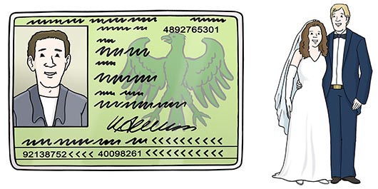Ausweis und Hochzeitspaar