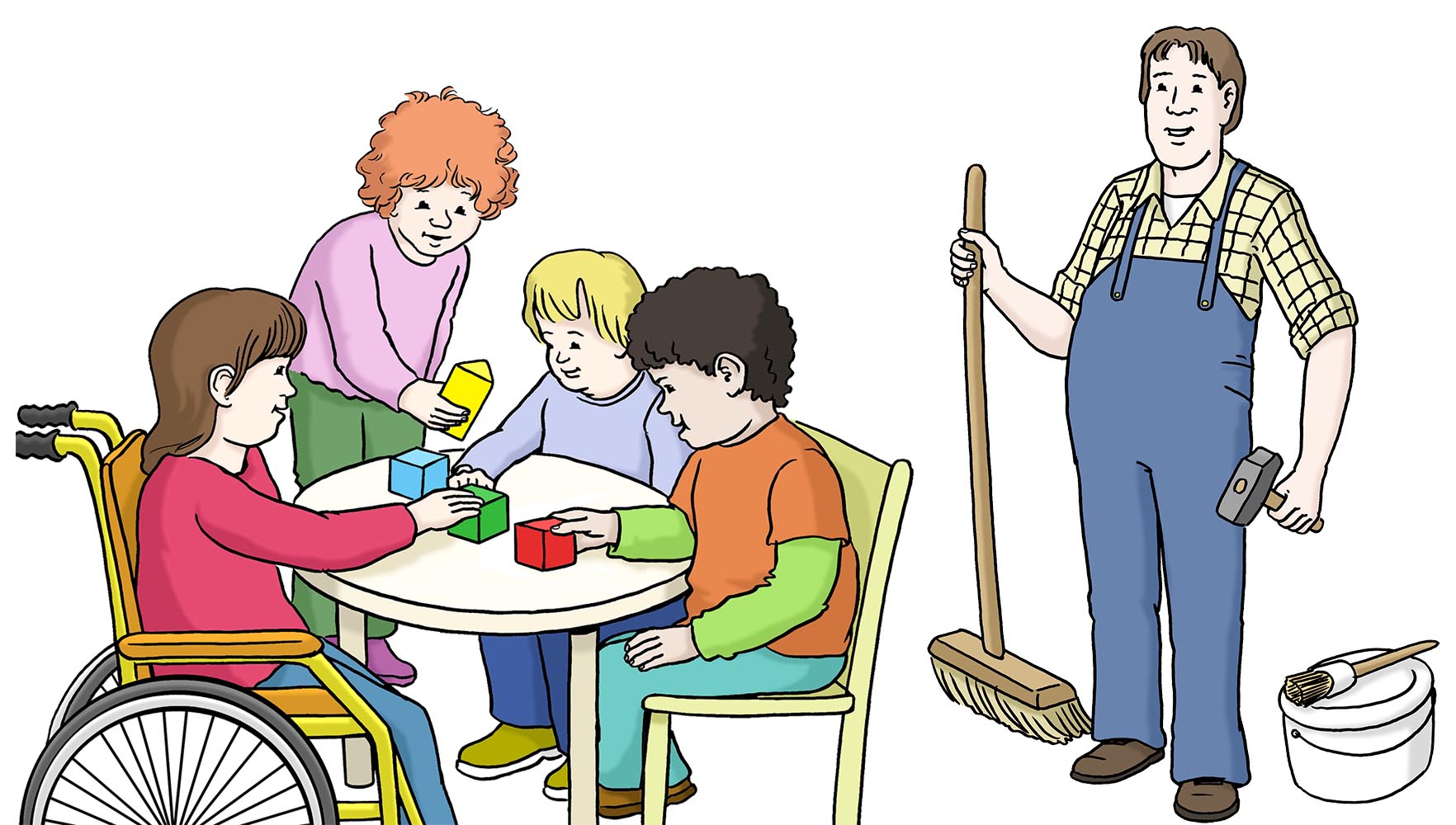 spielende Kinder und ein Arbeiter