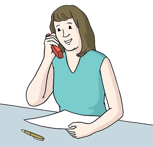 telefonierende Frau, Grafik: Lebenshilfe für Menschen mit geistiger Behinderung Bremen e.V. Illustrator Stefan Albers, Atelier Fleetinsel, 2013