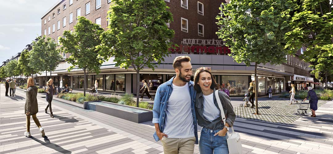 Die Visualisierung zeigt, wie sich die Bahnhofstraße bis 2028 verändern wird. (Visualisierung: Carsten Klask/postroom)