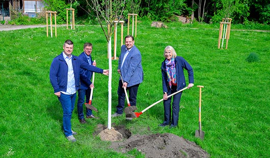 V.l. Jens Koschnick (Baum-Manager SBO), Beigeordneter Michael Jehn, Oberbürgermeister Daniel Schranz sowie SBO-Betriebsleiterin Anke Tannert. (Foto Stadt Oberhausen/Tom Thöne)