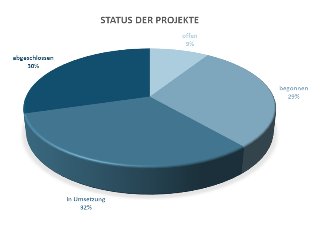 Das Diagramm gibt eine Übersicht über den Stand aller Projekte. So wurden 30 Prozent der Projekte bereits vollsständig umgesetzt, 32 Prozent befinden sich in Umsetzung, 29 Prozent wurde begonnen und 9 Prozent sind noch offen.