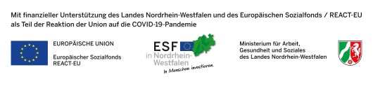 Logo REACT-EU, ESF in NRW, Ministerium für Arbeit, Gesundheit und Soziales des Land NRW